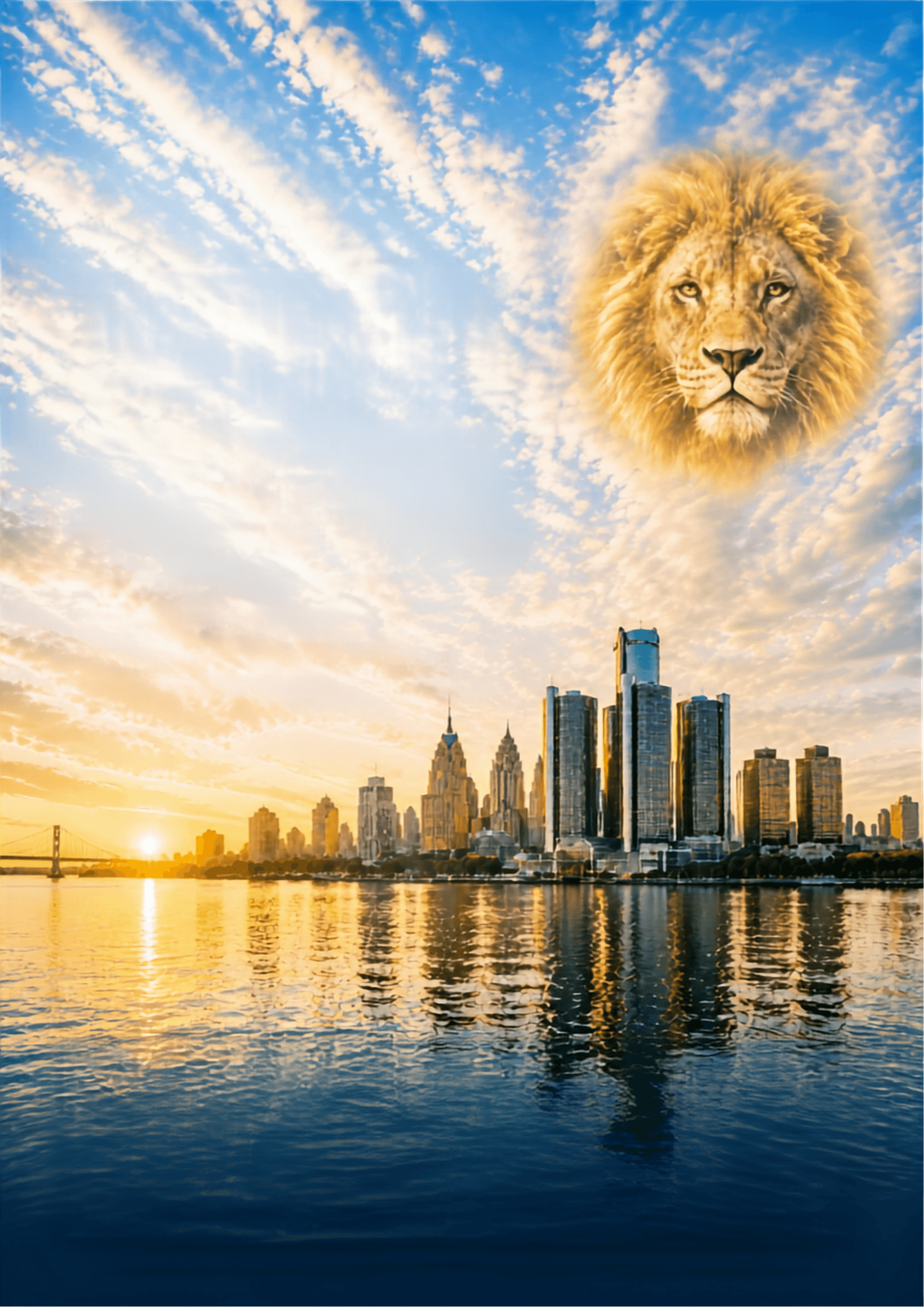 Detroit skyline beneath a lion in the clouds